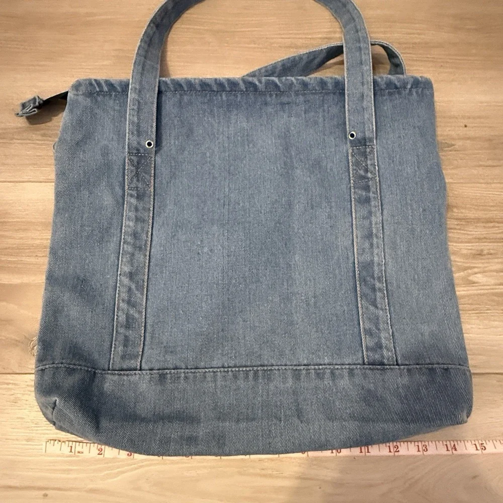Light Wash Denim Tote Bag Zipper‎ Closure Blue Cotton Shopper Handbag Womens